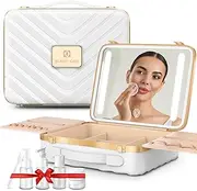 EASYINBEAUTY Travel Makeup Case with Lighted Mirror, White, Travel Makeup Case