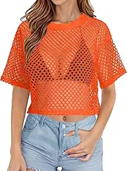 [CHICGAL] Women's Mesh Top Fishnet T-Shirt Sheer Loose Short Sleeve See Through Crop Tops
