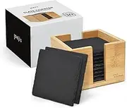 Joeji's Kitchen Set of 10 Drink Coasters Mats made of 100% Natural Grey Slate, Heat Resistant Slate Coaster, Stylish Slate Coasters with Holder, Multipurpose Black Coasters for Drinks, Oil, Vases