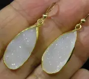 Teardrop White Quartz Druzy Gold on .925 Sterling Silver Hook Earrings 14K GF US