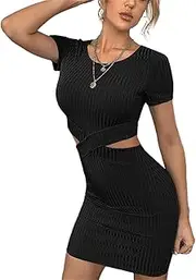 [SHINsuke] Women Summer Cut Out Bodycon Mini Dress Sexy Crewneck Short Sleeve Slim Knit Short Pencil Sheath Dress Prom Party