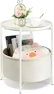 Metal Round Side Table, Modern End Table with Fabric Storage Basket, Bedside Table Nightstand for Living Room, Bedroom, Nursery, Laundry, White