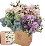 SNAILGARDEN 40Heads Artificial Hydrangea Flowers, 4Pack Fake Silk Mini Hydrangea with 1 Vase Kraft Paper Bag-Mini Artificial Chrysanthemum Ball Perfect for Home Office Wedding Baby Shower Party Decor