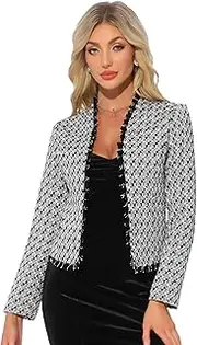 [Allegra K] Women's Checked Tweed Blazer Long Sleeve Open Front for Work Office Jackets
