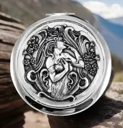 Freya Goddess of Love, Compact, Mirror, Pillbox, Stash Box, Antique Silver pltd