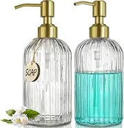 JASAI 2PACK 18Oz Fluted Glass Soap Dispenser with Golden Rust Proof Pump, Refillable Kitchen soap Dispenser with Vertical Stripe, Bathroom Soap Dispenser for Dispense Hand soap, Dish Soap, Lotion.