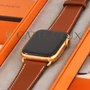 24K Gold Plated Series 9 HERMES Apple Watch 45mm Fauve Single Tour Brown Leather