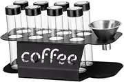 STARTIST Single Dose Coffee Bean Storage Espresso Bean Cellars Display Stand and Funnel Glass Vials 8 Tubes for Countertop Retail Cafe