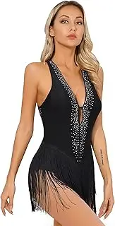 [Manyakai] Women Rhinestone Tassel Latin Dance Leotard Backless Fringed Gymnastics Bodysuit Stage Performance