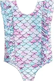 [REWANGOING] Baby Kids Girls One Pieces Swimsuit Ruffles Cartoon Fish Scale Dinosaur Flamingo Swimwear Bathing Sunsuit, Light Purple, 3-4 Years