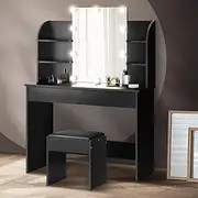 Oikiture Dressing Table Stool Desk Sets with Mirror Lights and Drawers for Girls Women Bedroom Furniture Makeup Storage 10 LED Bulbs, Black