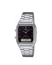 Casio AQ-230A Dual Time Silver Retro Stainless Steel Analog Digital Watch 38.8mm