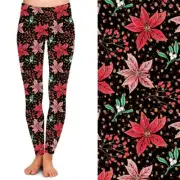 Christmas Poinsettia Flower Holiday Women's Leggings TC Plus Size 12-18
