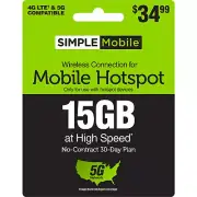 SIMPLE Mobile $34.99 Hotspot Data, 15 GB, 30–Day Plan [Physical Delivery]