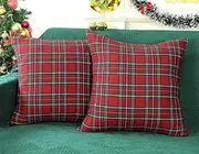 4TH Emotion Set of 2 Christmas Scottish Tartan Plaid Throw Pillow Covers Cushion Case Cotton Polyester for Farmhouse Home Decor Red and Green, 20 x 20 Inches