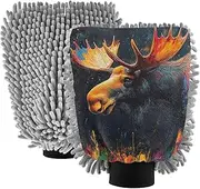 XYMZR Moose Rainbowcolored Fur Absorbent Microfiber Car Wash Mitt, Funny Cute Anime Scratch Free for Cars Cleaning, Home Cleaning Mitts, 2 Pack, 10.24” L x 7.09” W