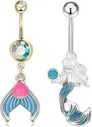 [Niaspi] 2Pcs 14G Mermaid Belly Button Rings for Women Dainty Stainless Steel Fish Tail Dangle Belly Rings Curved Barbell Summer Beach Navel Piercing Jewelry, 20g, Stainless Steel, no gemstone