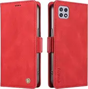 YBFJCE for Samsung Galaxy A22 5G Case with Card Holder, PU Leather Shockproof Durable for Samsung Galaxy A22 5G Phone Cover Wallet Case Protective Flip Folio Cover, Red