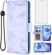 [Asuwish] Phone Case for OPPO A16/A16S/A54s with Tempered Glass Screen Protector and Marble Wallet Cover Flip Card Holder Slot Stand Leather Kickstand Mobile Cell Accessories CPH2273 Women Men Purple