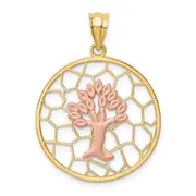 14k Two-tone Gold Brushed & Polished Tree of Life Pendant
