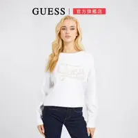 在飛比找momo購物網優惠-【GUESS】草寫毛邊LOGO大學T(白)