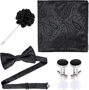 [Yymobt] Pre-Tied Bow Ties for Men Set Paisley Pocket Square Cufflinks Flower Pin Suit Tuxedo Accessory for Men Black, One Size