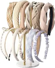 Josmimic Gold Headband Holder and Scrunchie Organizer: Hair Accessory Storage Stand with White Marble Base, Two-Tier Design for Bathroom, Vanity, or Dresser