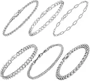 [RIOSO] 6Pcs Mens Chain Bracelet Stainless Steel Silver Chain Bracelet for Men Women