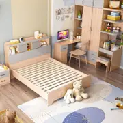 Kiama Bed Queen-Headboard with Book Storage and Led lights Oak Color