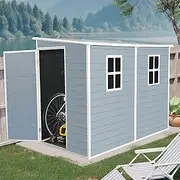 IMagacFun Resin Outdoor Storage Shed with Floor, All-Weather Shed with Lockable Door, Window & Sloped Roof, Double Window, Plastic Tool Storage for Garden, Backyard (Gray, 4×8 FT)