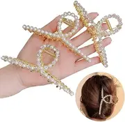 3 PCS Metal Pearl Hair Claw Clips, BetterJonny Metal Rhinestone Hair Claw Clips Large Metal Hair Clips Long Hair Jaw Clips Hair Accessories for Thick Hair for Women Girls