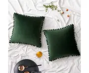 Pack of 2 Velvet Christmas Throw Pillow Covers Spring Pompom Decorative Pillowcases Solid Soft Cushion Covers with Poms Square -16"x16" Dark Green