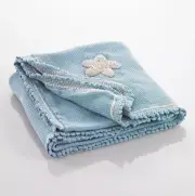 Organic Blue w/white embroidery organic cotton knit baby blanket NEW Pebble FAIR
