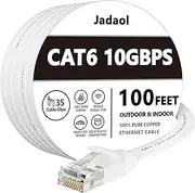 Cat 6 Ethernet Cable 100 ft Flat White, Slim Long Internet Network Lan patch cords, Solid Cat6 High Speed Computer wire with clips & Rj45 Connectors for Router, modem, faster than Cat5e/Cat5, 100 feet