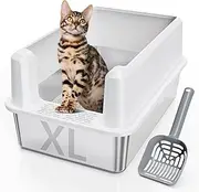 Stainless Steel Litter Box,XL High Side Semi-Enclosed Cat Litter Box for Large Cats,Metal Cat Litter Pan with Scoop,Non Stain,Rusty and Sticky Metal Kitty Litter Box for Multiple Cats(White)