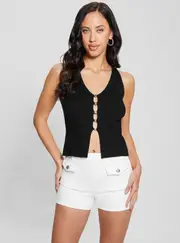 GUESS Women's Eco Black Alphabet Charm Meghen Knit Top Size: XS, Viscose Rayon