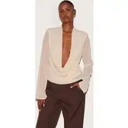 Almond Chiffon Long Sleeve Sheer Cowl Blouse, Almond