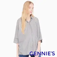 在飛比找PChome24h購物優惠-Gennies奇妮 落肩飛鼠袖休閒襯衫上衣-黑白條紋/棕白條