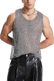 [YJZQ] Men's Fashion Sequin Vest Sexy Sleeveless Vest Transparent Muscle Shirt Lightweight Transparent Sleeveless Undershirt Shiny T-Shirts Sleeveless Top for Party Bar
