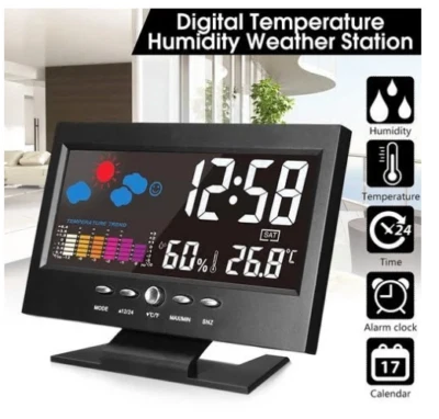 LCD Color Screen Digital Backlight Snooze Alarm Clock Thermometer Weather Staton