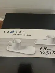 Lazy Boy 6 Piece Coffee Set New White China 2 Mugs Spoons Plates Tea Cups