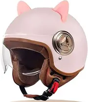 Motorcycle Half Helmet Woman Cat Ear Electric Motorcycle Helmet Open-Face Moped Helmet Adult Cat Ear Vintage Helmet Suitable with Adjustable Quick, DOT/ECE Approved 54-61cm E