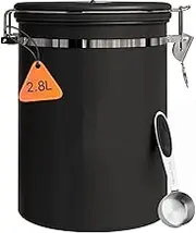 Coffee Canister, 2.8L Sealed Stainless Steel Kitchen Food Storage Container with 30 ML Measurin Scoop & Date Tracker, Coffee Bar Accessories, Beans, Tea, Flour, Grain, Sugar (Black, Large)