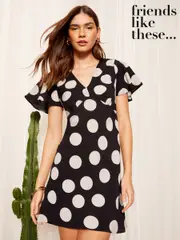 Friends Like These Black/White Flutter Sleeve Tie Back Mini Dress (B38311) | $90