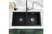 ACA 835x490x200mm Granite Quartz Stone Kitchen Laundry Sink with Overflow Black Double Bowls Top/Under mount