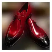 Handmade Men's Burgundy Monk Strap Patent Pure Leather Fashion Shoes, Sale !!!