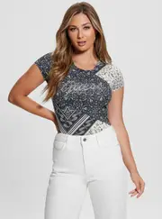 GUESS Women's Black and White Bandana Print Logo T-Shirt Size: Medium, Spandex
