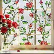 ALIUNI Stained Glass Window Film, Window Privacy Film Frosted Faux 3D Floral Decorative Static Cling Heat Blocking Window Tint, Rose, 23.6" x 35.4"