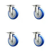5 Inch 316SS Blue Polyurethane Wheel Swivel Top Plate Caster Set Service Caster