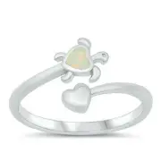 Turtle & Heart Ring Sterling Silver 925 White Lab Opal Face Height 10 mm Size 5